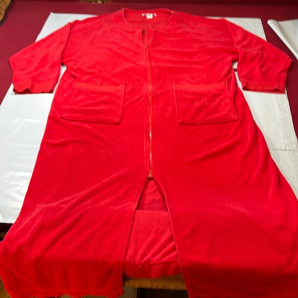 Christian Dior RED TERRY CLOTH ROBE LONG zip up House Dress CD Monogram pockets - Picture 1 of 15